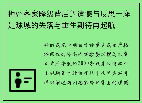梅州客家降级背后的遗憾与反思一座足球城的失落与重生期待再起航