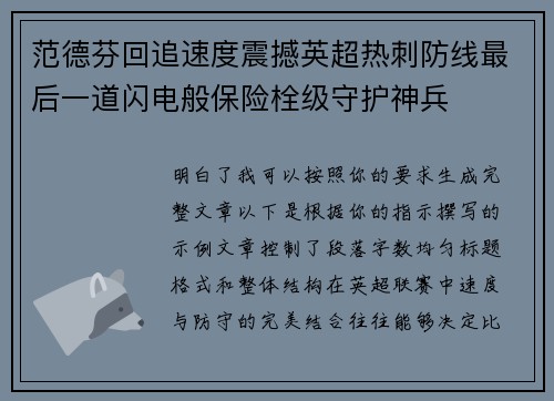 范德芬回追速度震撼英超热刺防线最后一道闪电般保险栓级守护神兵